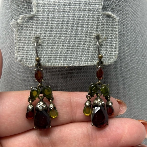 Liz Claiborne Red and Green Beaded Chandelier Style Dangle Earrings Rhinestones - Picture 2 of 8